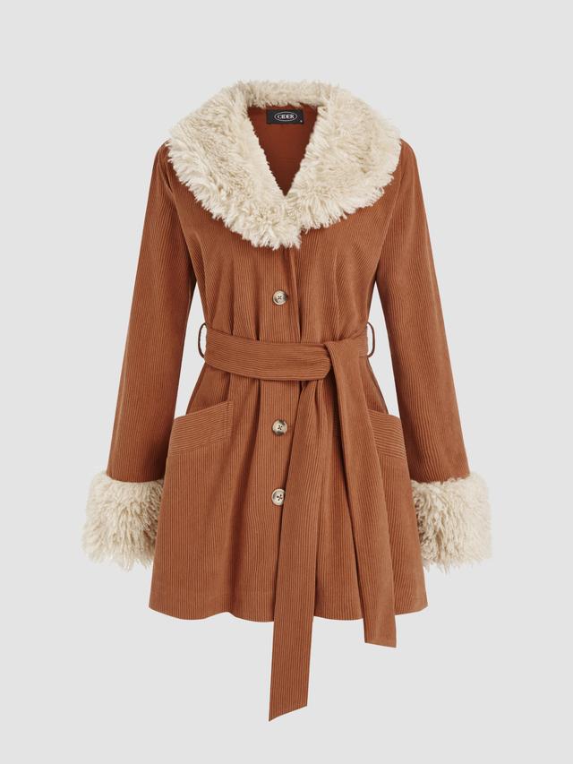 Faux fur Trim Corduroy Belted Jacket Product Image