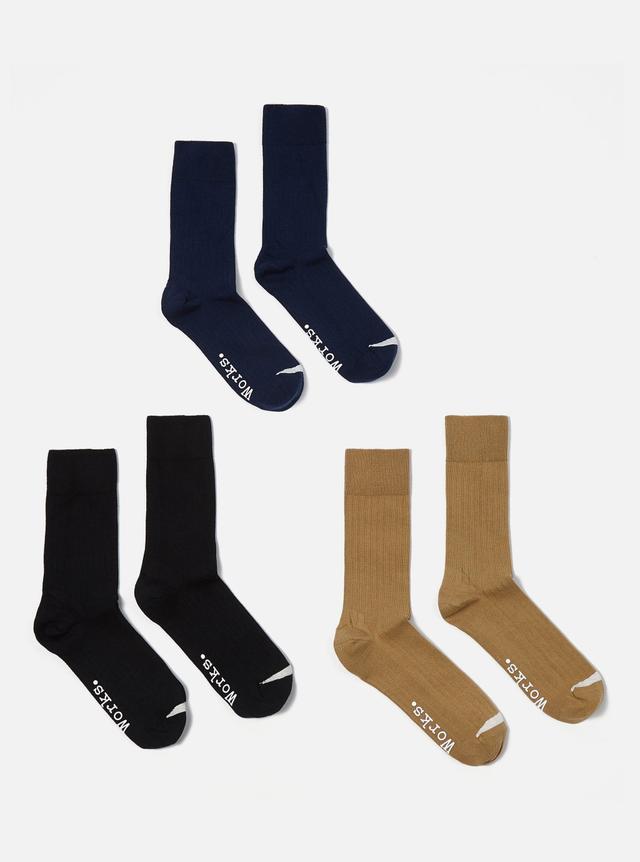 Universal Works 3 Pack Modal Sock in Black/Navy/Cumin Rib Knit Product Image