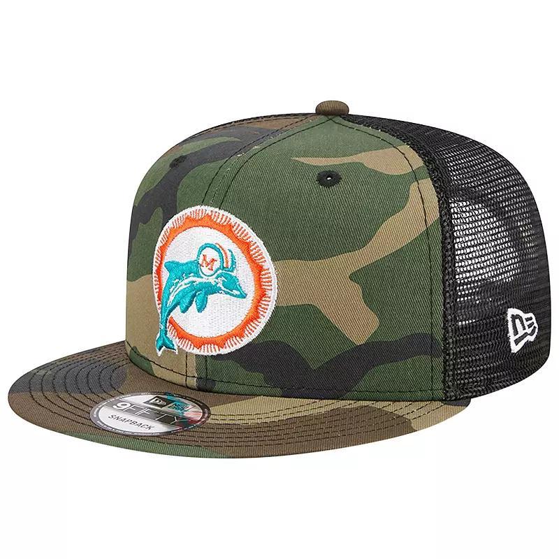 Mens New Era Camo Miami Dolphins Throwback Main Trucker 9FIFTY Snapback Hat Product Image