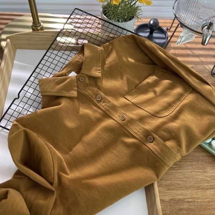 Long-Sleeve Plain Button-Up Crop Shirt Product Image