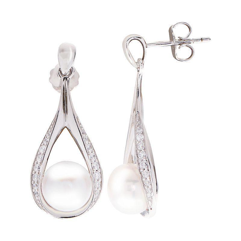 Sterling Silver Freshwater Cultured Pearl and White Topaz Drop Earrings, Womens Product Image