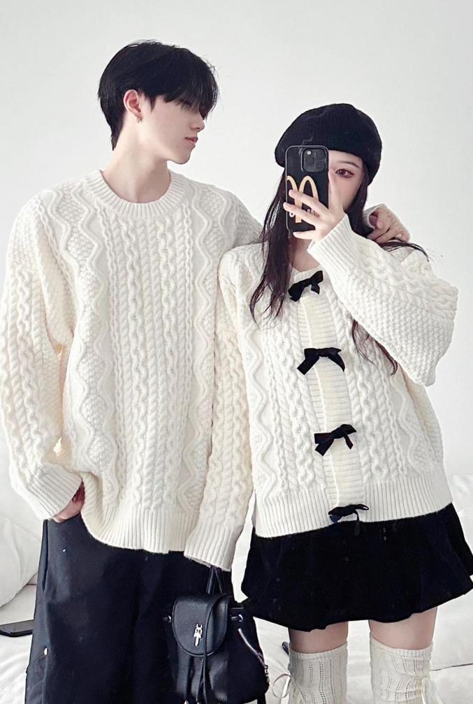 Couple Matching Round Neck Plain Cable Knit Sweater / Bow Cardigan Product Image