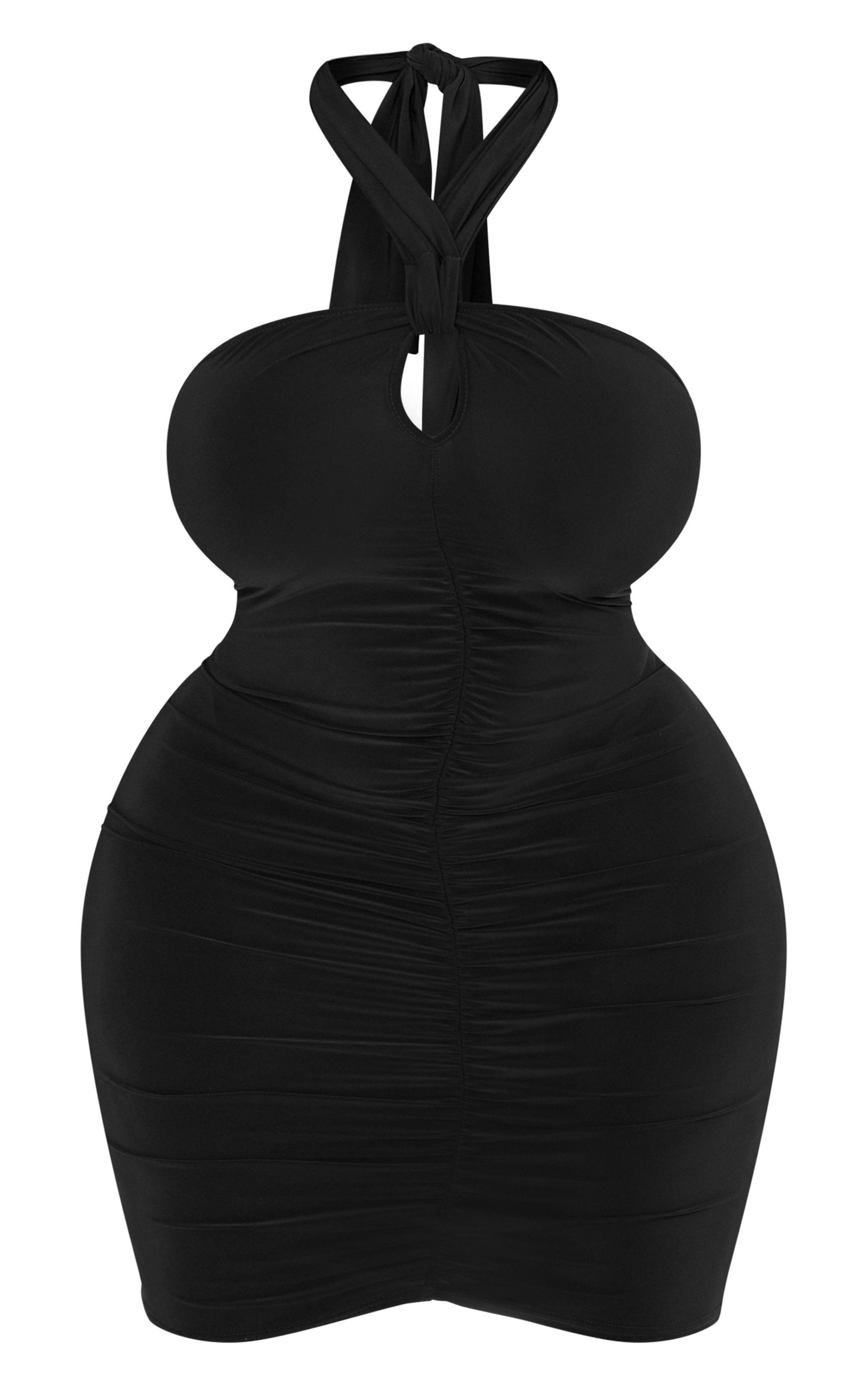 Plus Black Key Hole Halterneck Detail Ruched Bodycon Dress Product Image