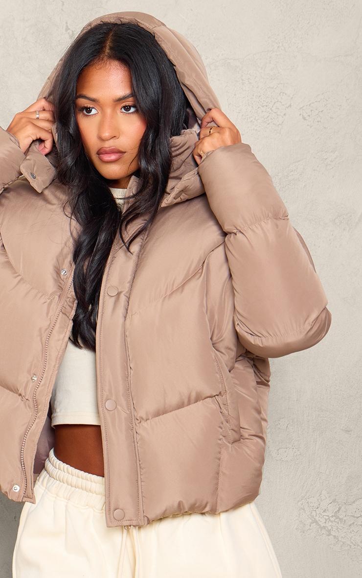 Tall Taupe Oversized Curved Panel Wadded Puffer Jacket Product Image