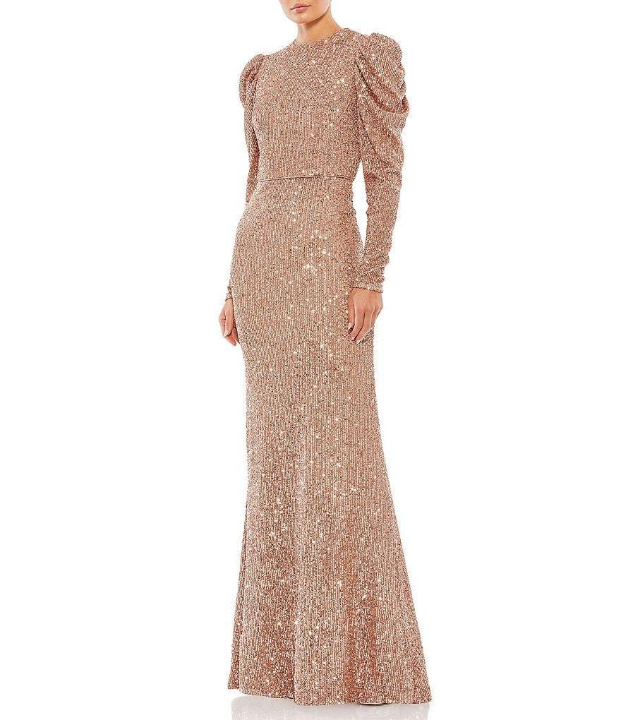 Mac Duggal Sequin Crew Neck Long Puff Drape Sleeve Sheath Gown Product Image