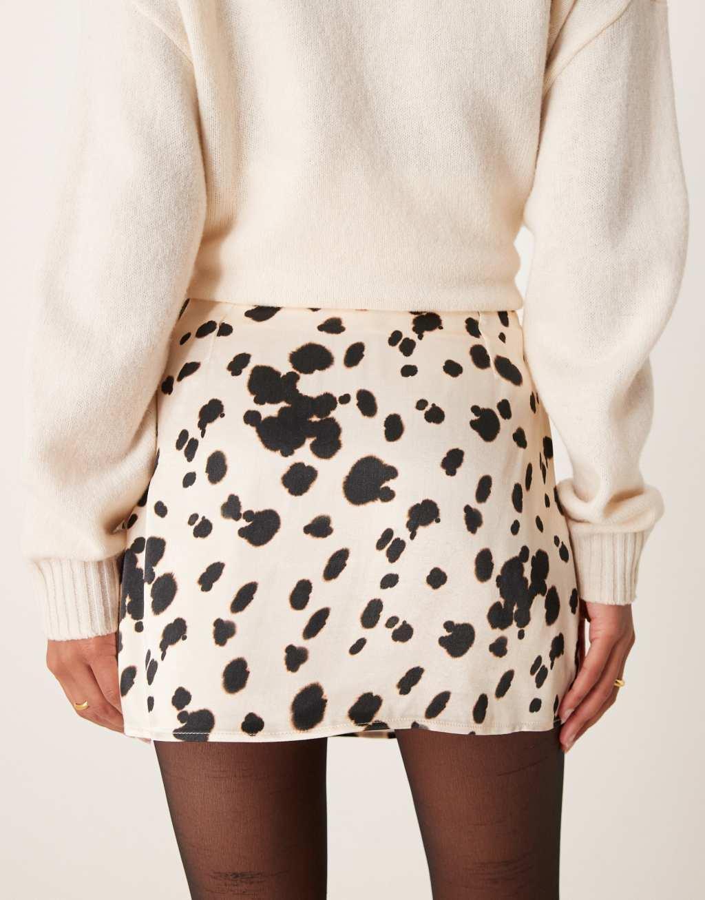 Miss Selfridge satin split hem mini skirt in smudge polka dot Product Image