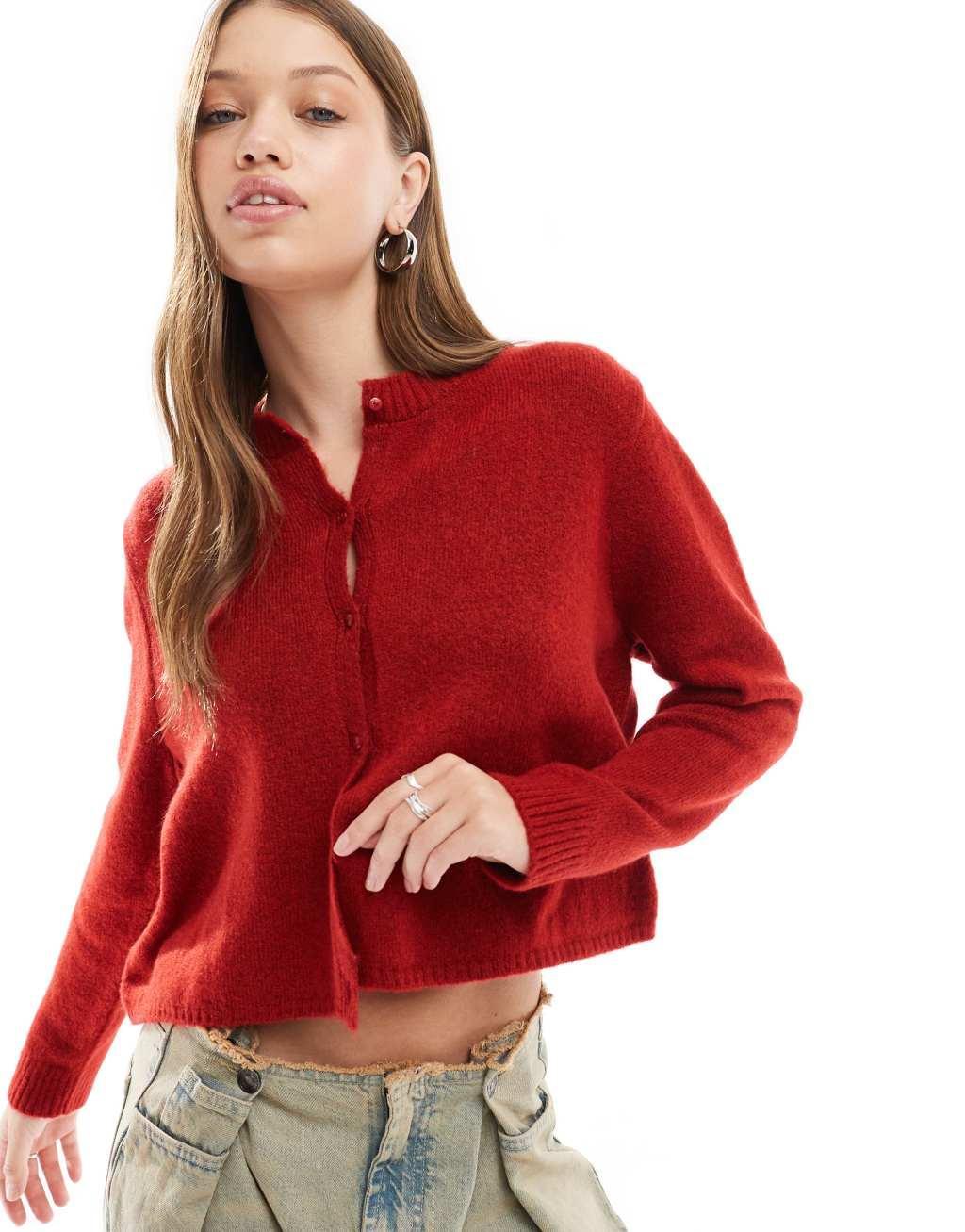 ASOS DESIGN fluffy knit cardigan in red Product Image