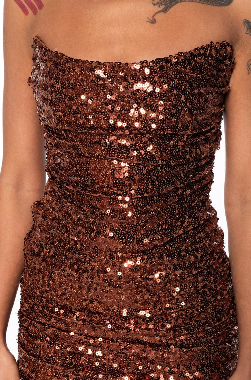 MAYA SEQUIN STRAPLESS MINI DRESS IN BROWN Product Image