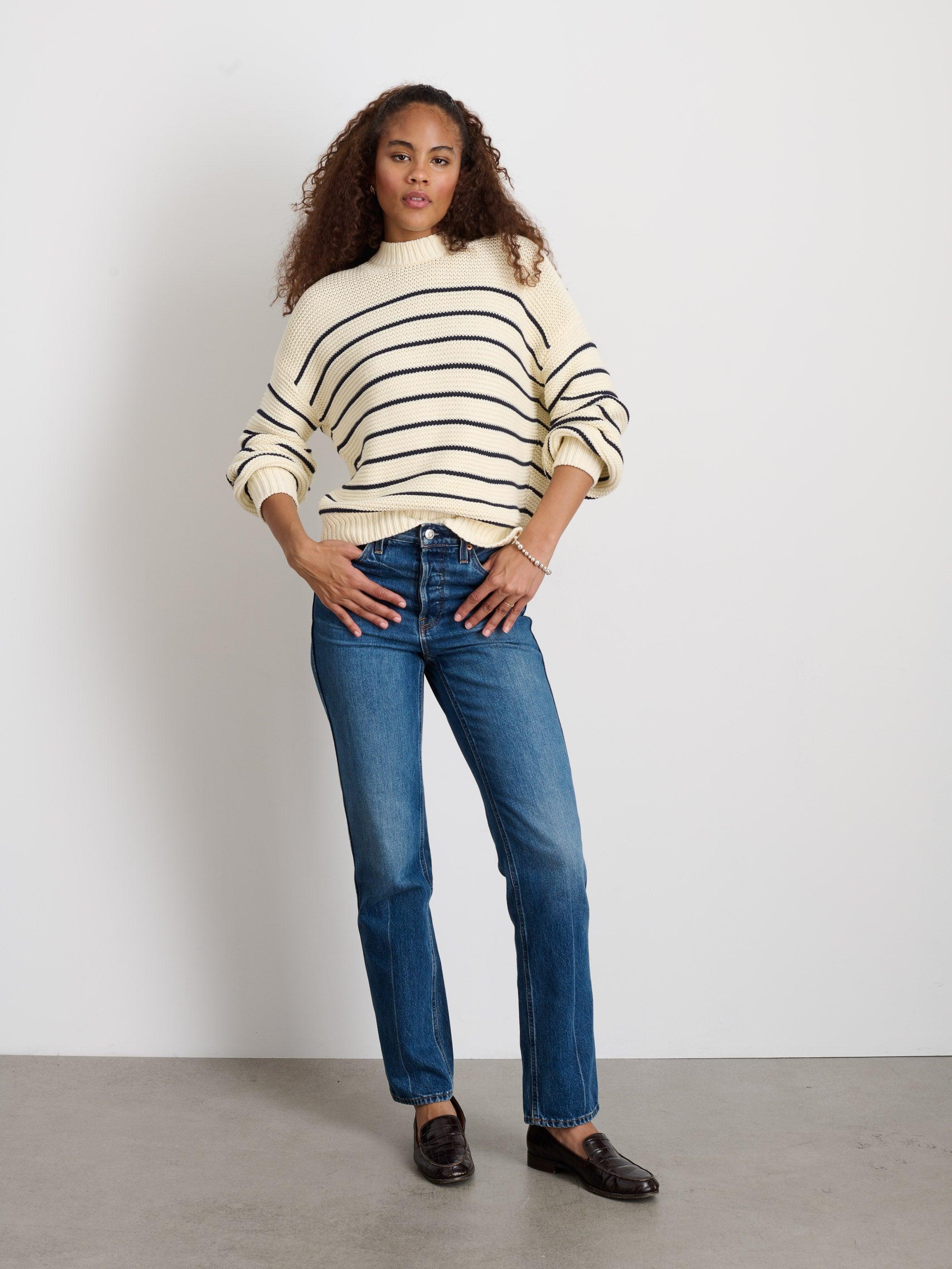 Button-Back Crewneck Sweater in Stripe Female Product Image