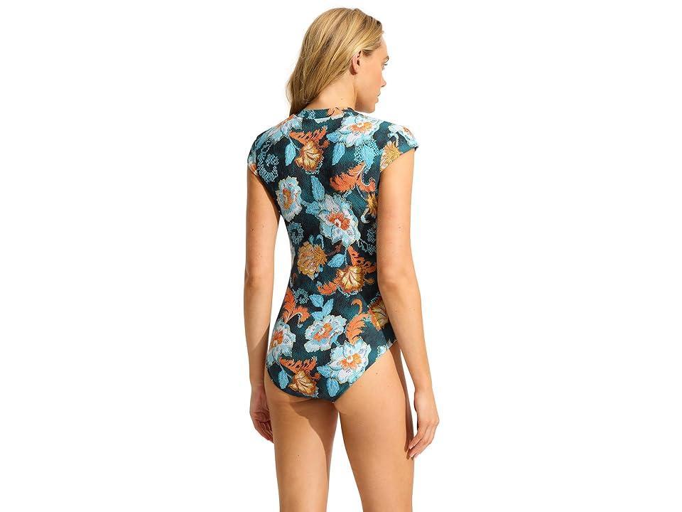 Seafolly Spring Festival Zip Front One Piece (True ) Women's Swimsuits One Piece Product Image