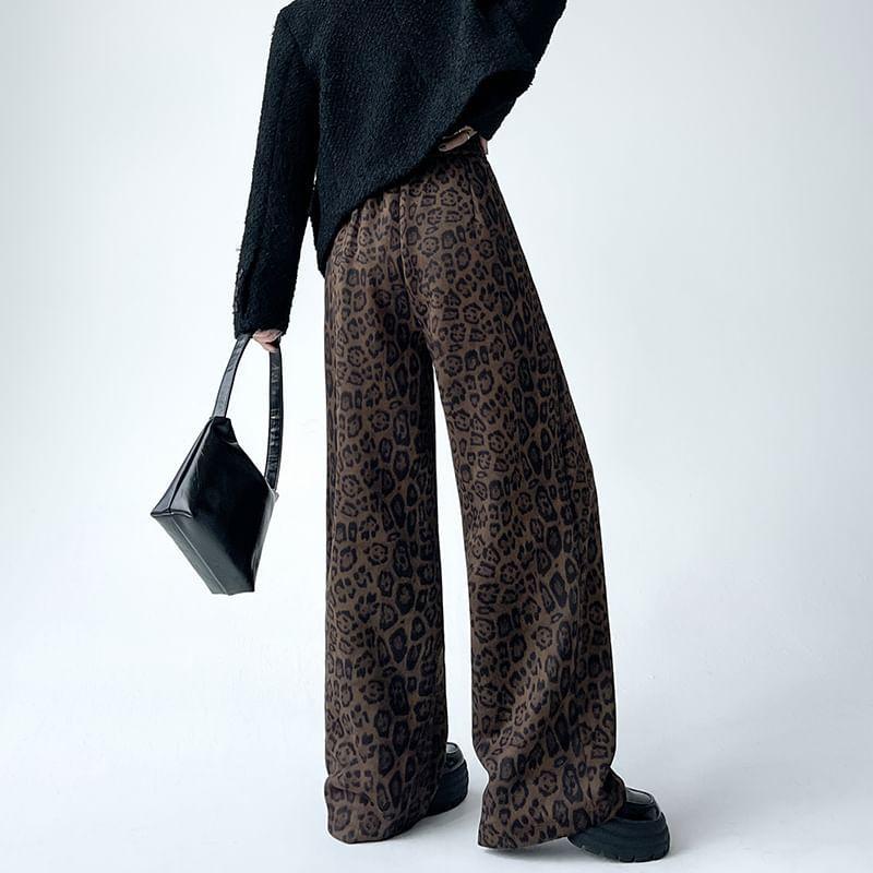 High Waist Leopard Print Wide Leg Pants Product Image