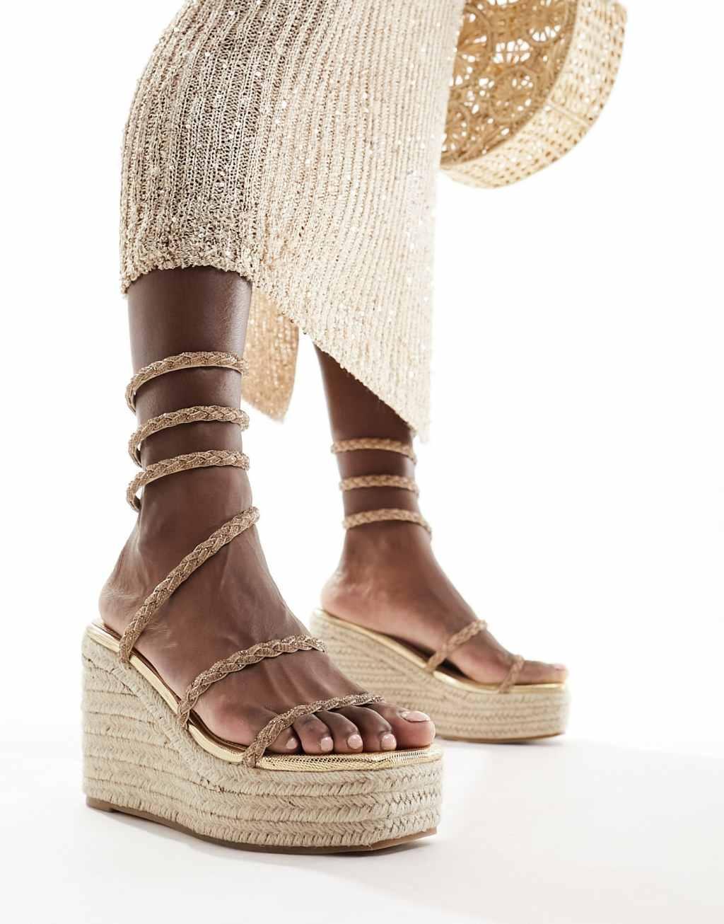 Simmi London Wide Fit Simona embellished espadrille in gold Product Image