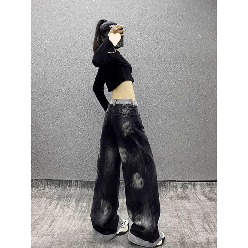 Mid Waist Print Washed Wide Leg Jeans Product Image