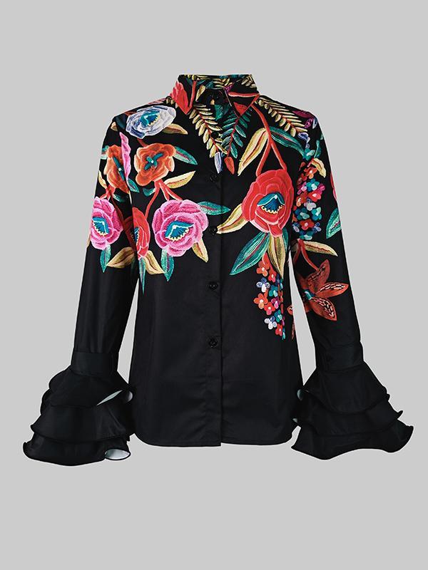 Flared Sleeves Long Sleeves Buttoned Contrast Color Flower Print Lapel Blouses&Shirts Tops Product Image