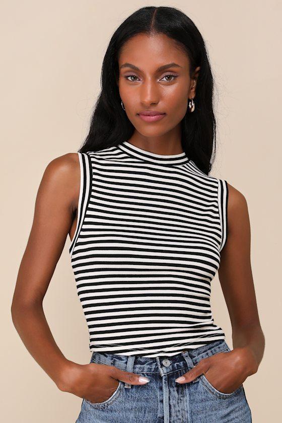 Chic Direction Cream and Black Striped Mock Neck Ribbed Tank Top product image