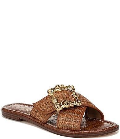 Sam Edelman Gracyn Raffia Embellished Buckle Detail Crisscross Flat Slide Sandals Product Image