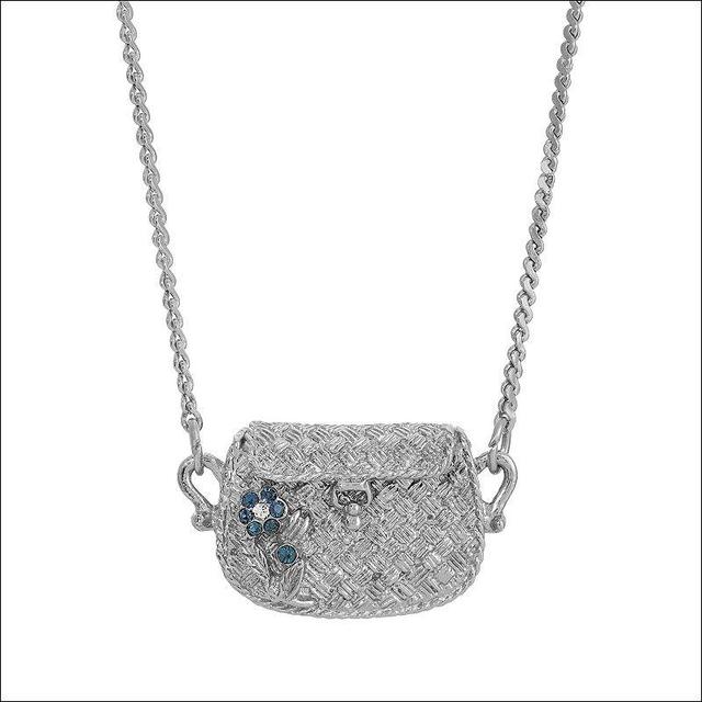 1928 Silver Tone Blue Flower Purse Necklace, Womens Product Image