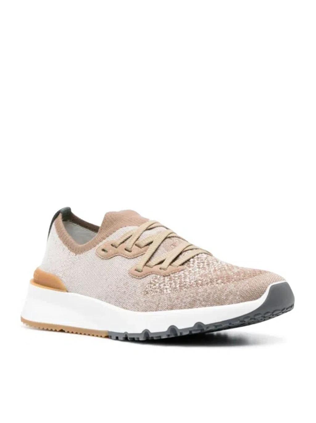 Mesh-panel Lace-up Sneakers In Beige Product Image