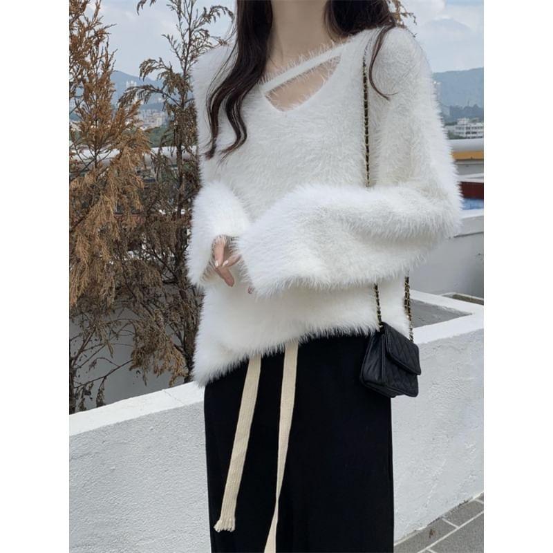 V-Neck Plain Fluffy Sweater Product Image