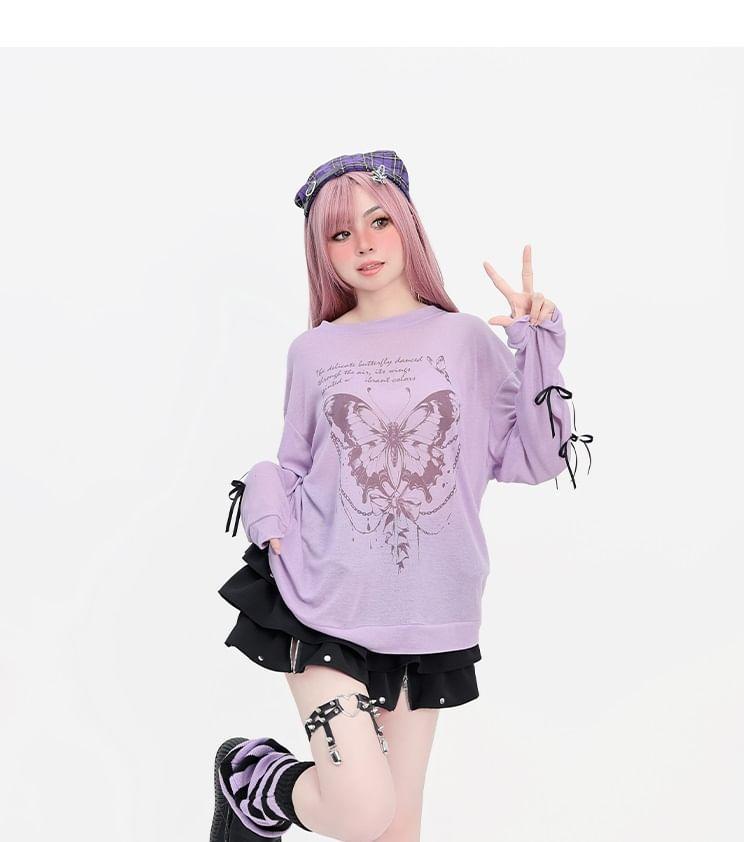 Long-Sleeve Round Neck Butterfly Print Bow Accent T-Shirt Product Image