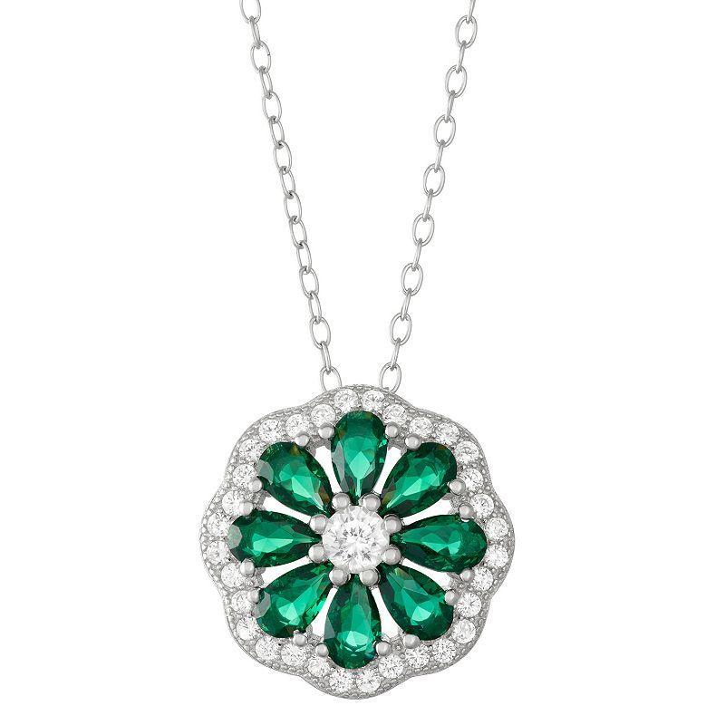 Sterling Silver Lab-Created Green Spinel & White Sapphire Flower Pendant, Womens Product Image