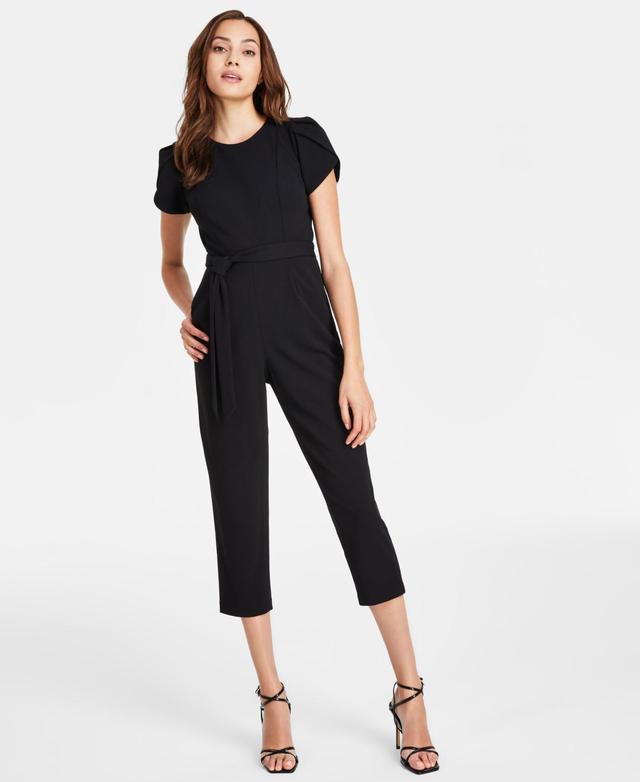 Calvin Klein Short Sleeve Crew Neck Tie Waist Scuba Crepe Jumpsuit Product Image