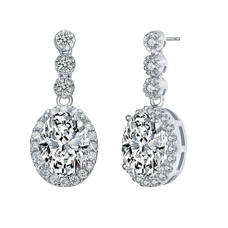 Sterling Silver Oval & Round Cubic Zirconia Halo Drop Earrings, Womens Product Image