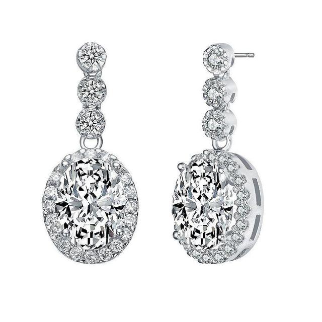 Sterling Silver Oval & Round Cubic Zirconia Halo Drop Earrings, Womens, White Product Image