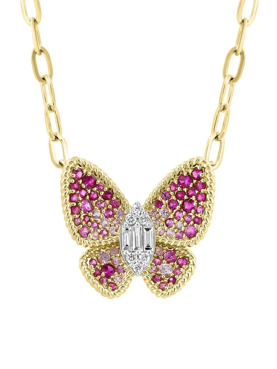 Womens 14K Yellow Gold, Pink Sapphire & 0.27 TCW Diamond Butterfly Pendant Necklace Product Image