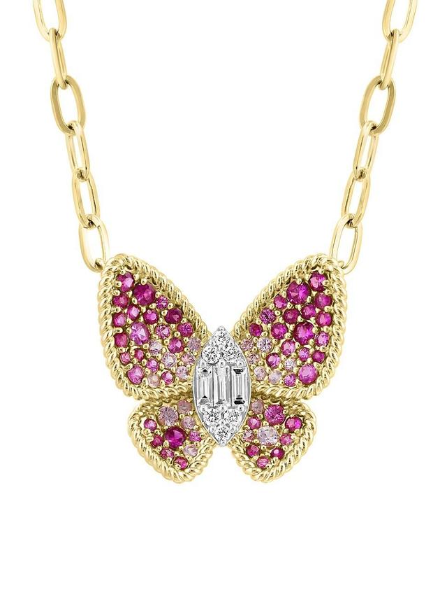 Womens 14K Yellow Gold, Pink Sapphire & 0.27 TCW Diamond Butterfly Pendant Necklace Product Image