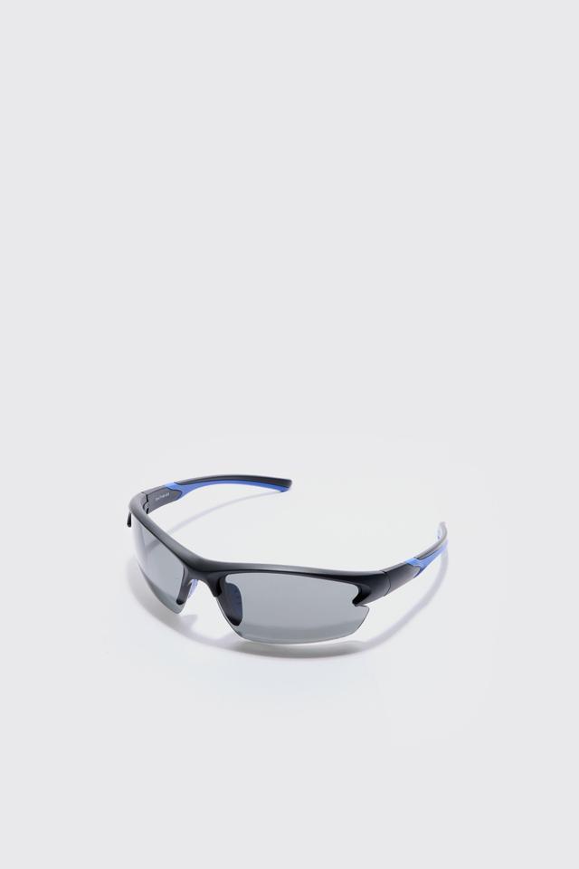 Rimless Racer Sunglasses In Blue | boohooMAN USA Product Image