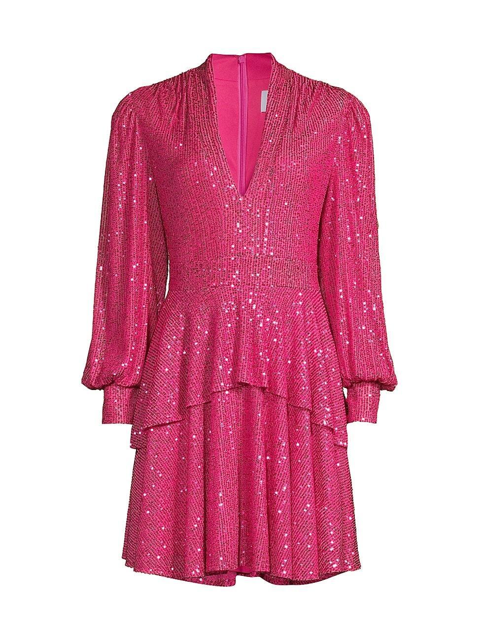 Womens Sequined Long-Sleeve Tiered Minidress Product Image