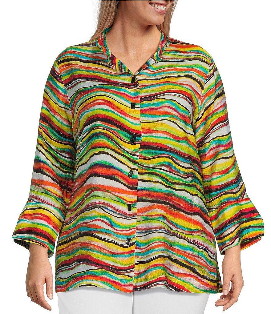 Multiples Plus Size Multicolor Wave Print Collar 3/4 Flounce Sleeve Button-Front Jacket Product Image