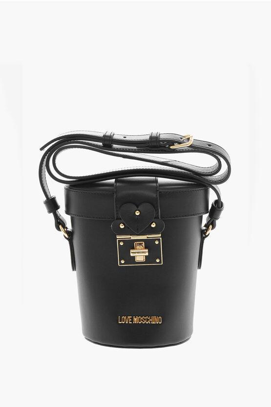 MOSCHINO Love Leather Bucket Bag With Turn Lock Closure In Black Product Image