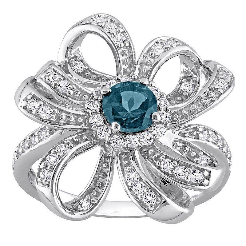 Stella Grace Sterling Silver London Blue Topaz & White Topaz Flower Cocktail Ring, Womens Product Image