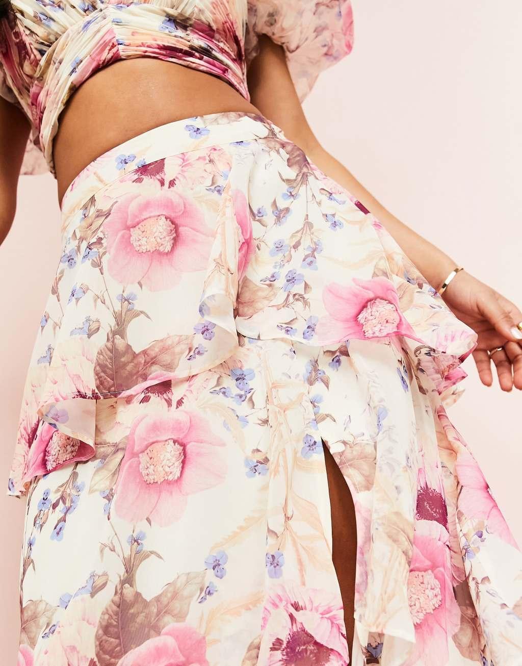 ASOS LUXE ruched wrap tiered maxi skirt in floral print - part of a set Product Image