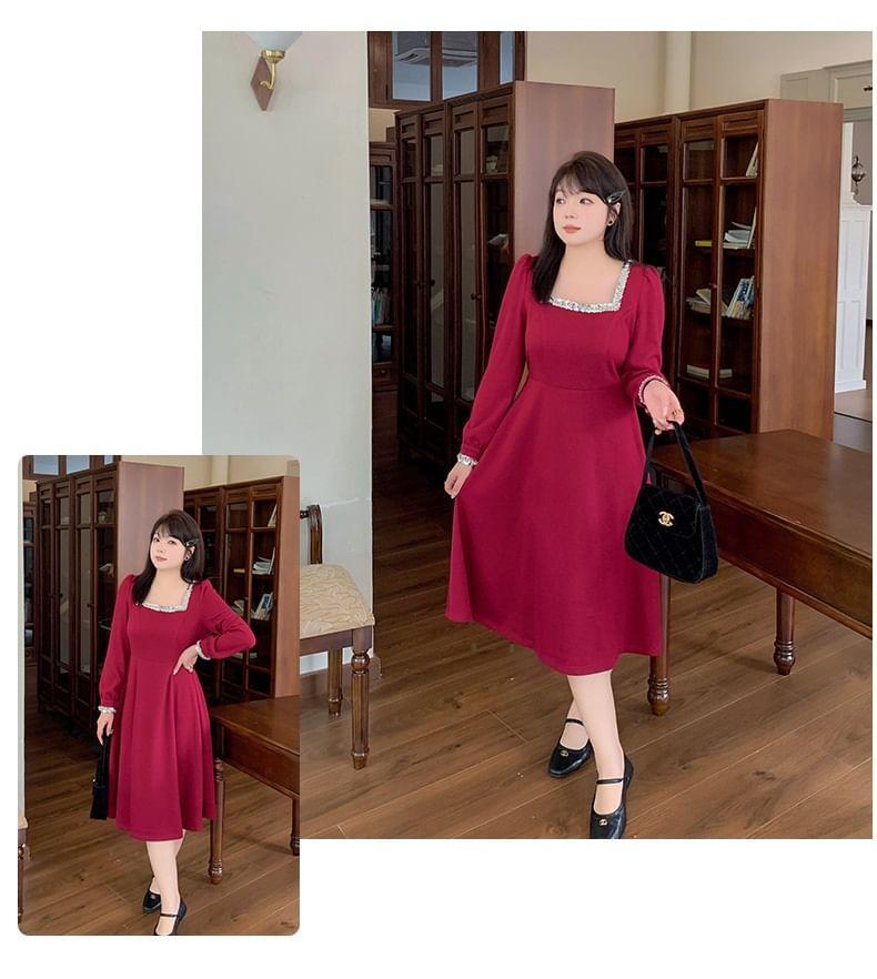 Plus Size Long-Sleeve Square Neck Sequin Midi A-Line Dress Product Image