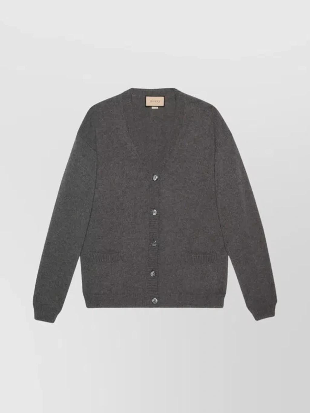 Cashmere V-neck Cardigan Patch Pockets In Gray product image