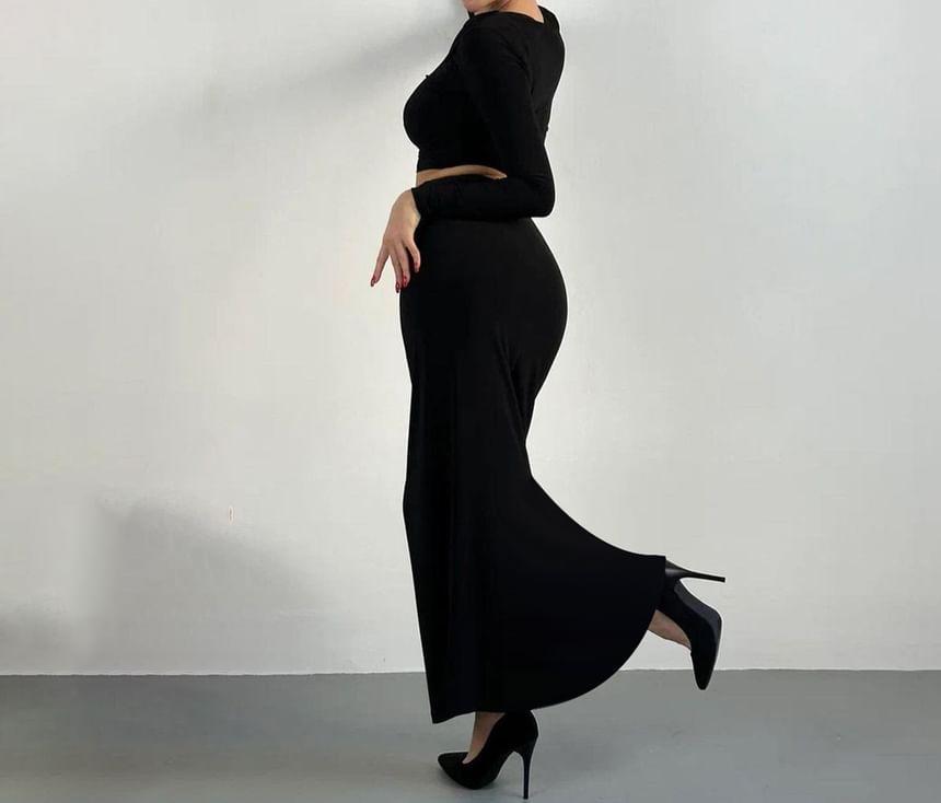 Set: Long-Sleeve Crew Neck Plain Asymmetrical Crop Slim Fit T-Shirt + High Waist Midi Pencil Skirt Product Image