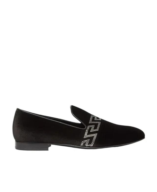 VERSACE Studded Greca Velvet Loafers In Black Product Image