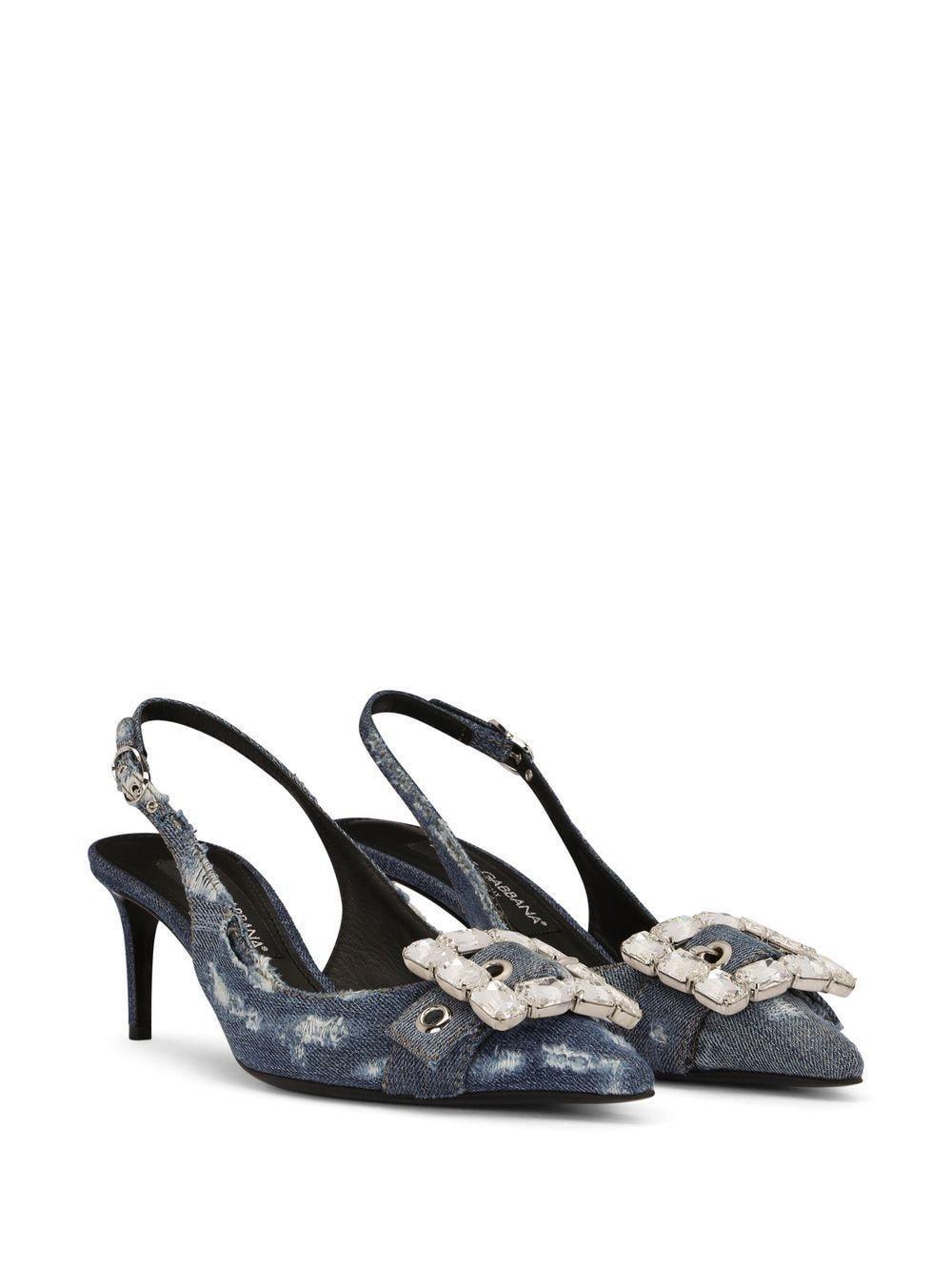 Distressed Denim Pointed-toe Pumps In Blue Product Image