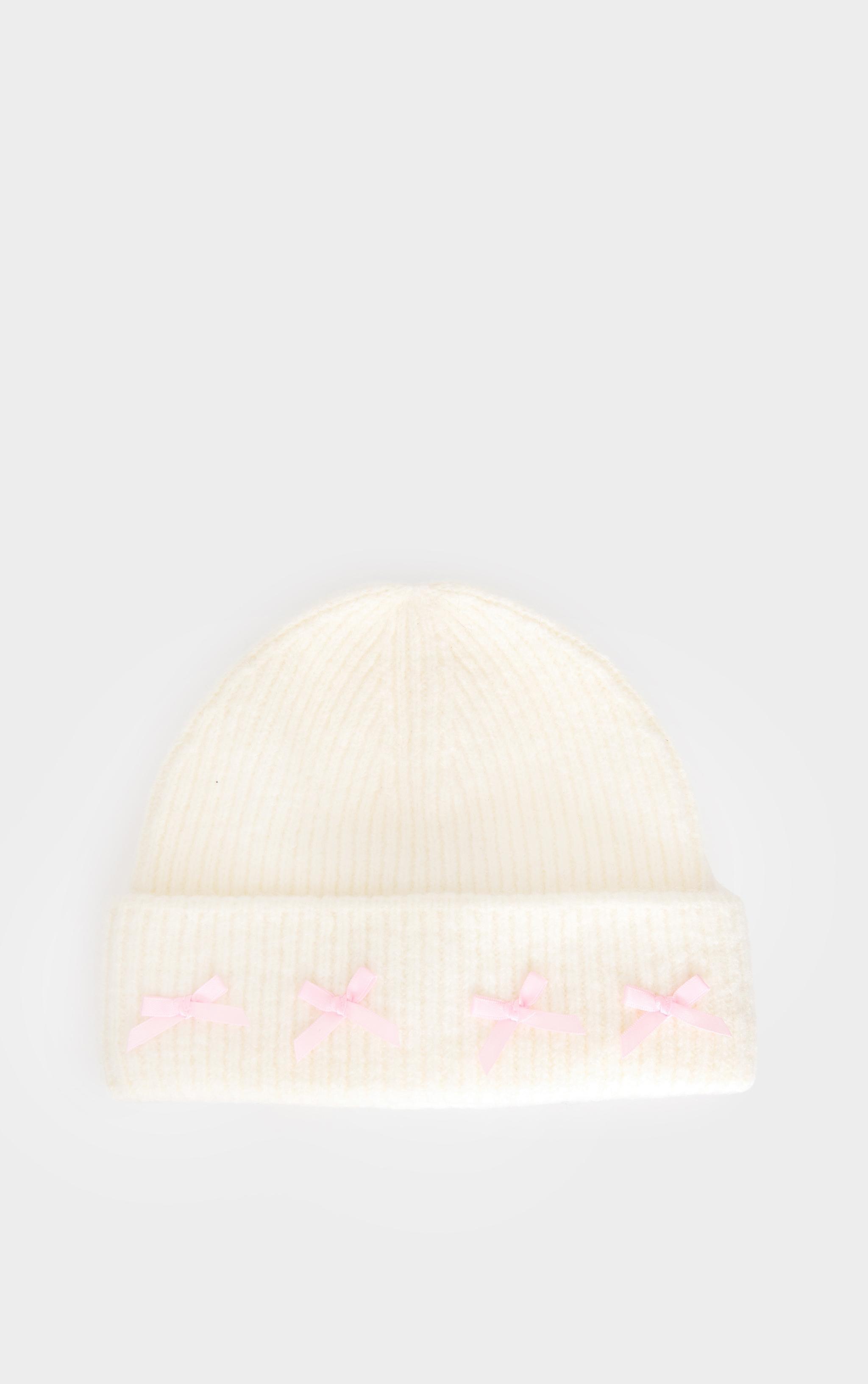 Cream Bow Detail Ribbed Beanie Product Image