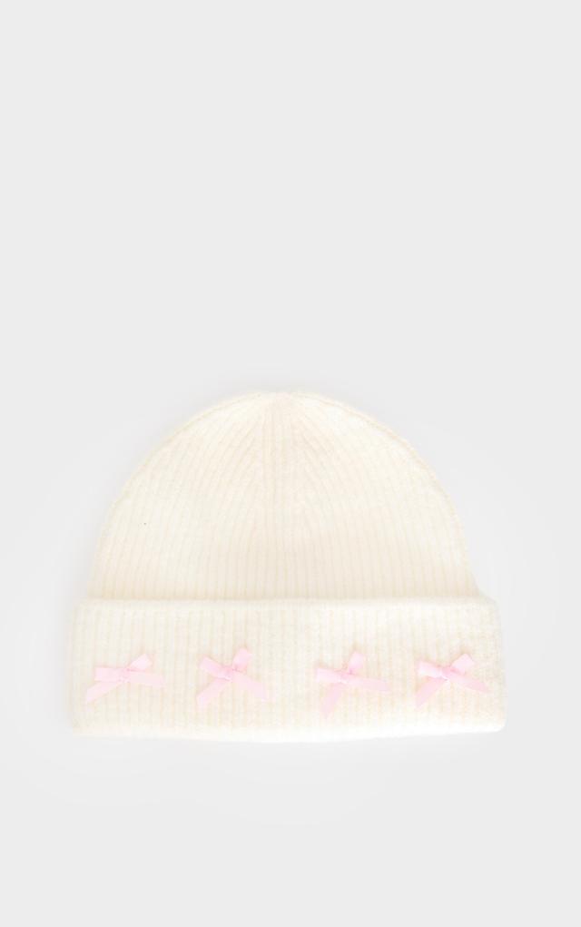 Cream Bow Detail Ribbed Beanie Product Image