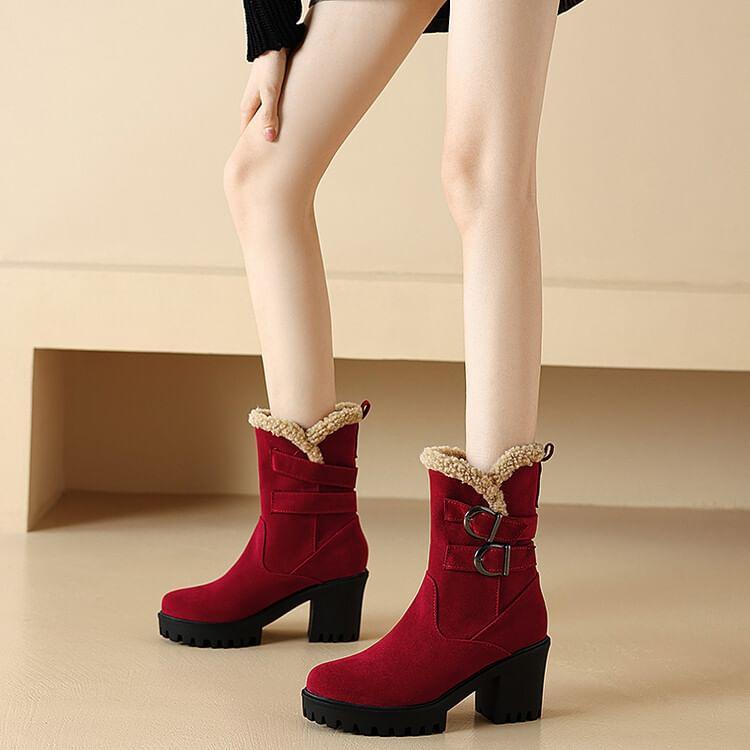 Chunky Heel Buckled Faux Suede Short Boots product image