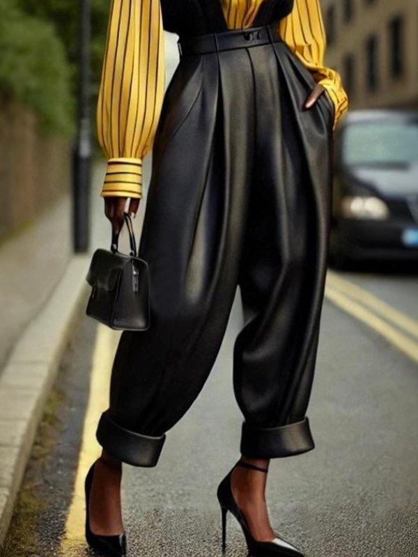 Loose Pleated Solid Color Casual Pants Bottoms Trousers Product Image