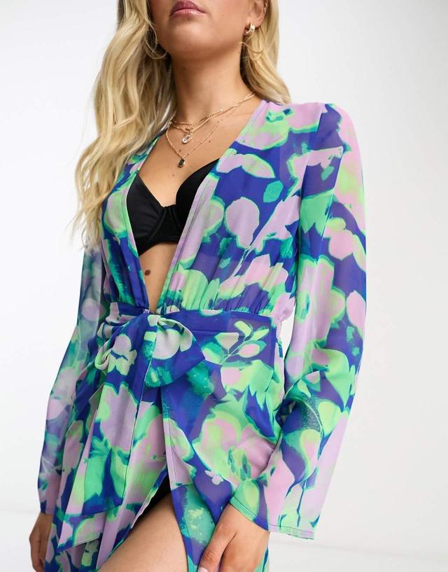 ASOS DESIGN tie front beach maxi beach kimono in heatmap floral print Product Image