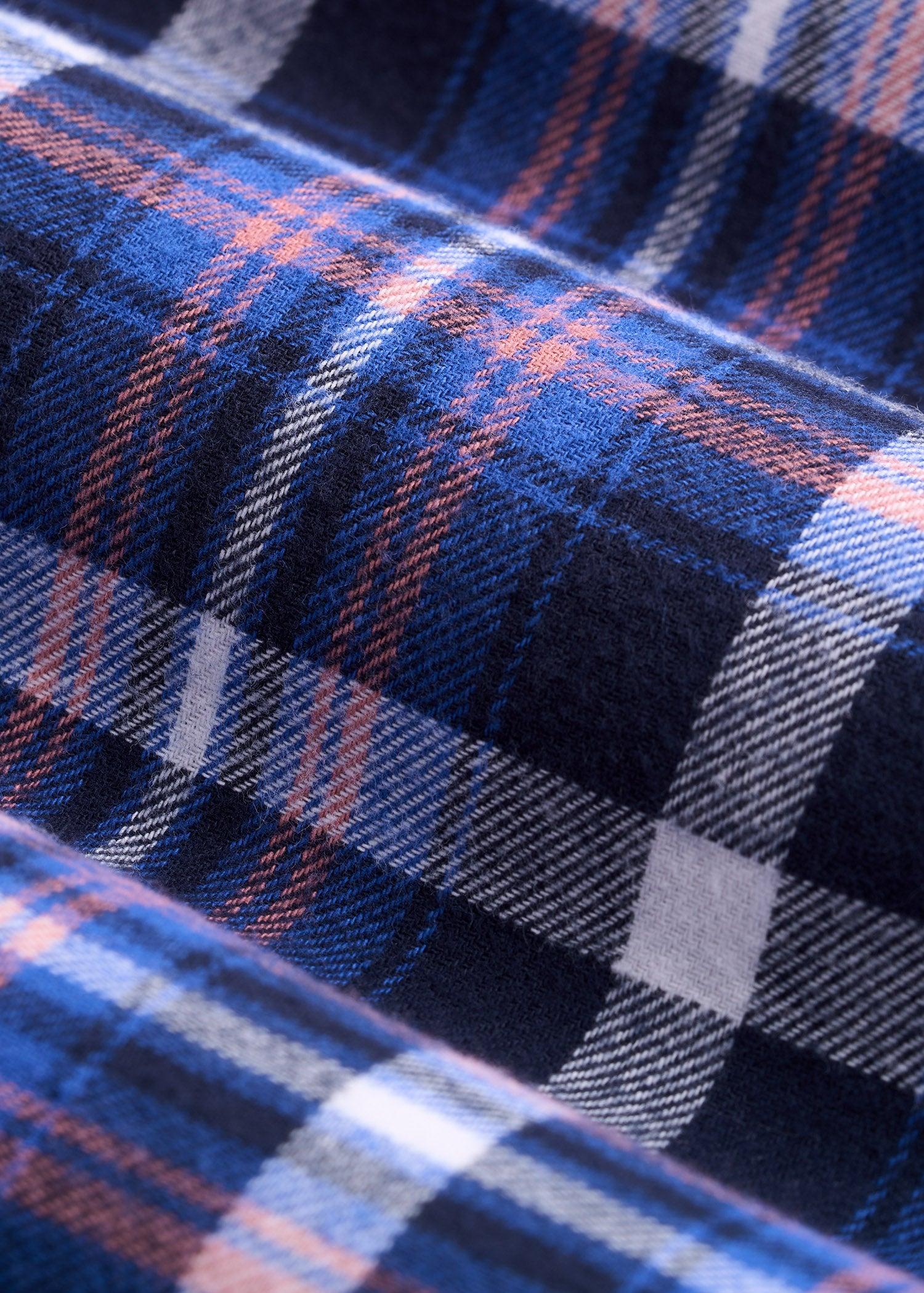 Flannel Button-Up Shirt for Tall Women in Cobalt, Navy, and Peach Plaid Female Product Image