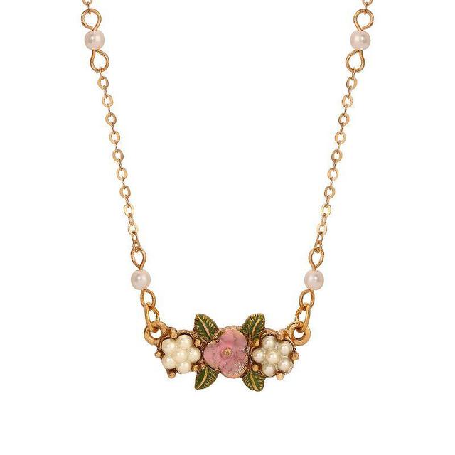 1928 Gold Tone Simulated Pearl & Pink Flower Necklace, Womens Product Image