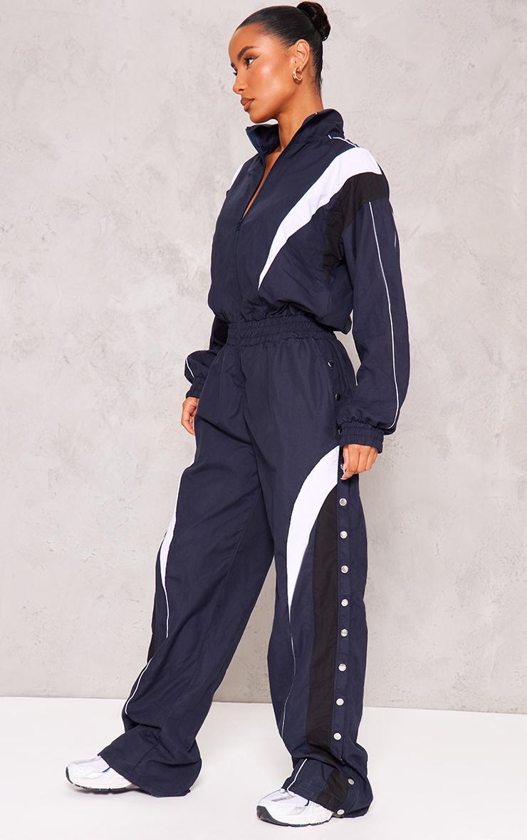 Blue Woven Contrast Popper Cuff Wide Leg Jumpsuit Product Image