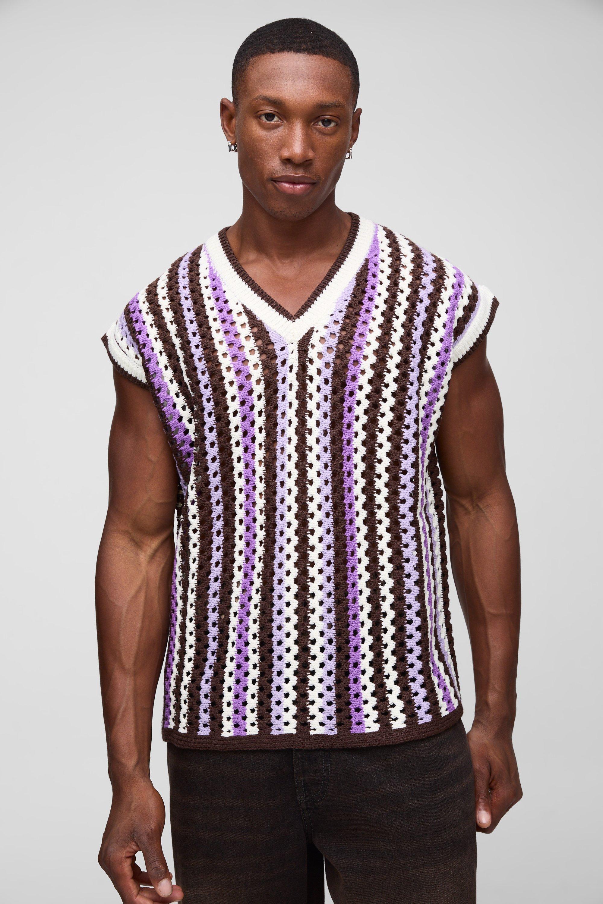 Boxy Oversized Open Stitch V Neck Stripe Sweater Vest | boohooMAN USA Product Image